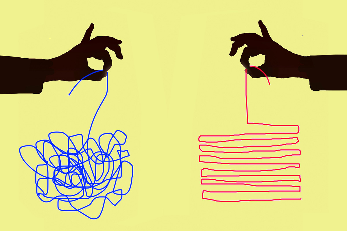 An illustration of a shadowed hand holding a blue tangled thread. Another shadowed hand holds a red thread neatly arranged in rows. 
