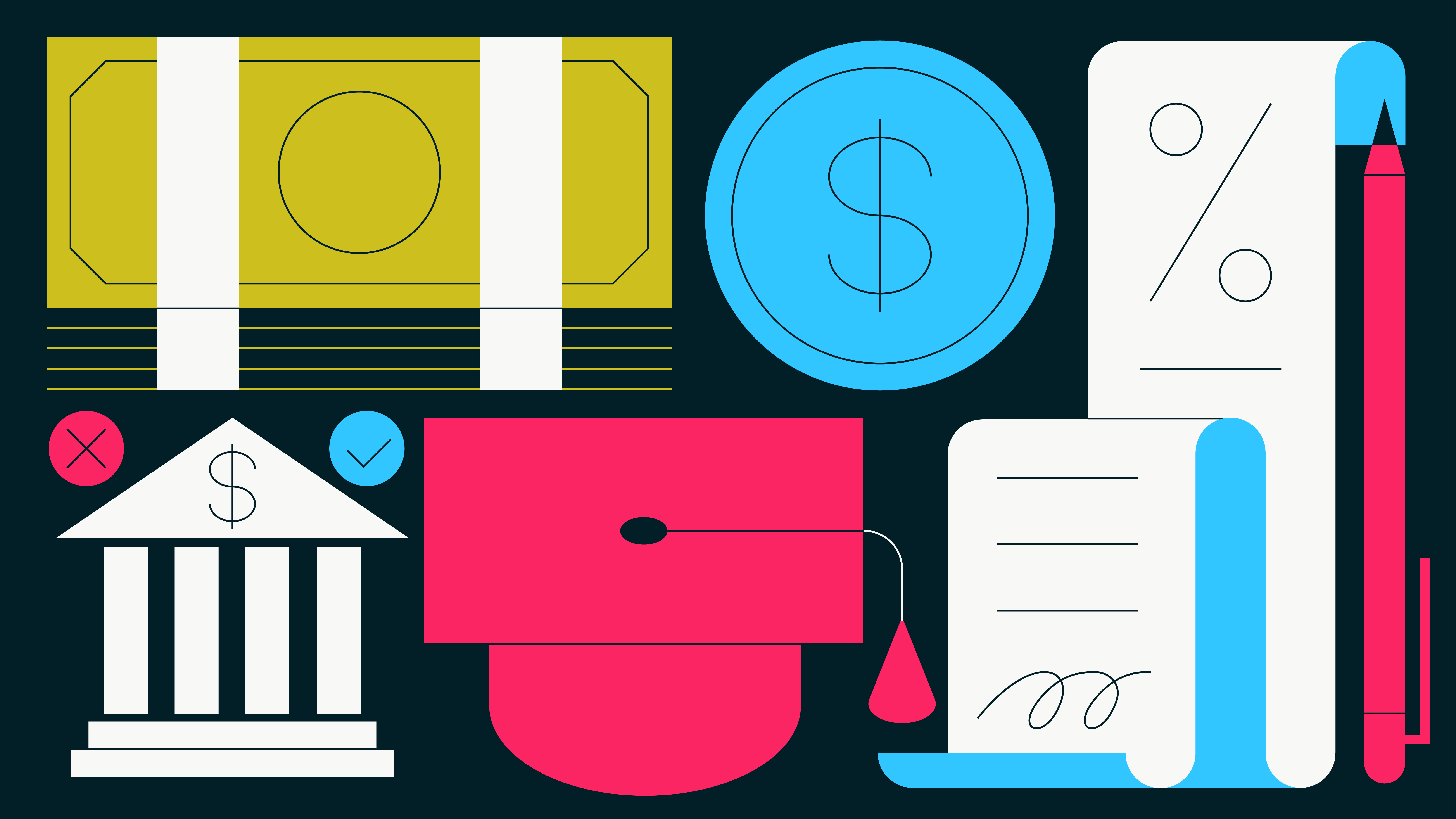 Flat illustrations of a golden dollar bill, a blue coin, a white bank facade with pillars, a pink graduation cap, and a long white receipt and pink pencil against a black background.