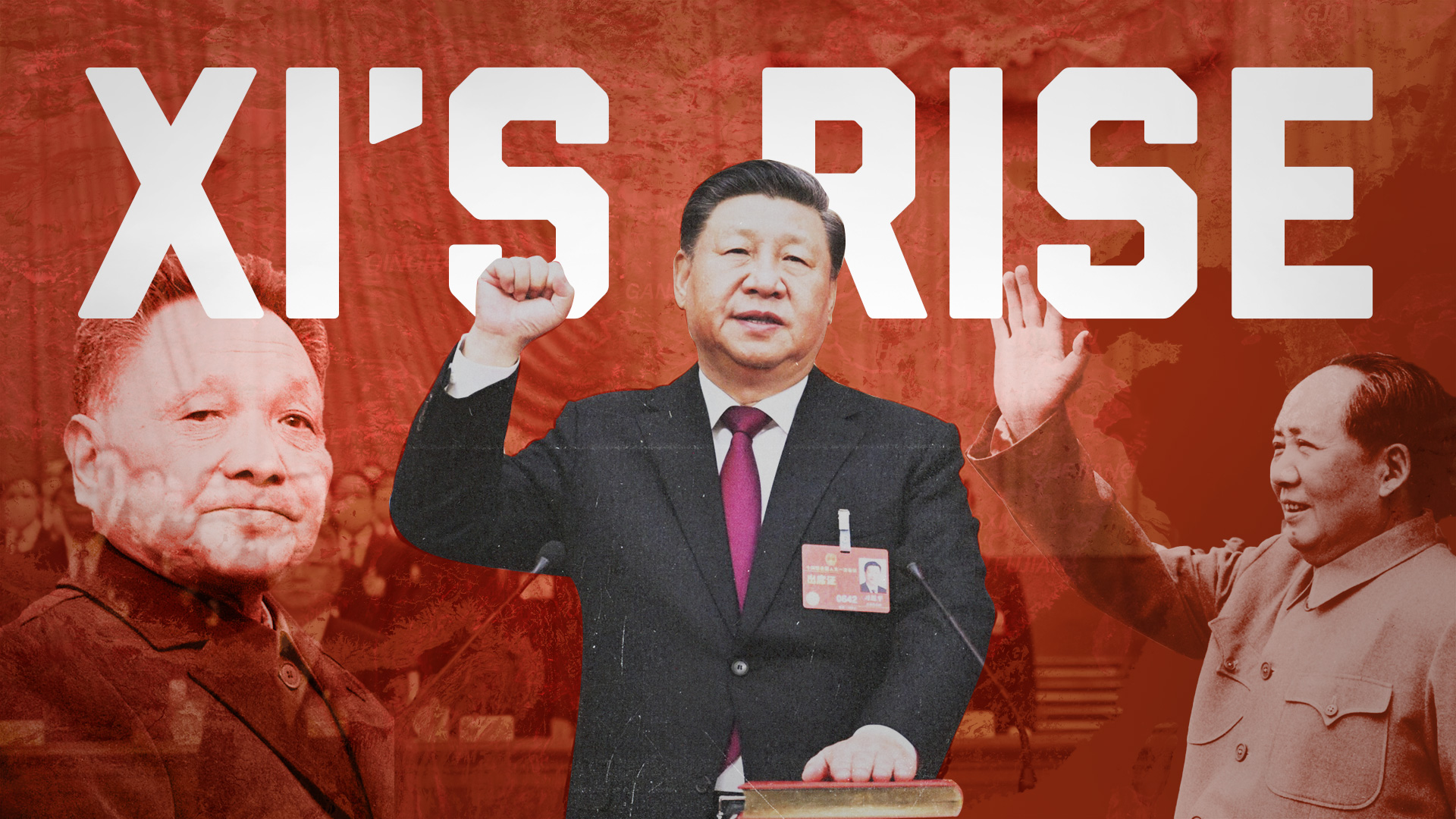 Chinese leader Xi Jinping is pictured raising a fist in a party salute, with images of his family and the word’s “Xi’s rise” in graphics behind him. 